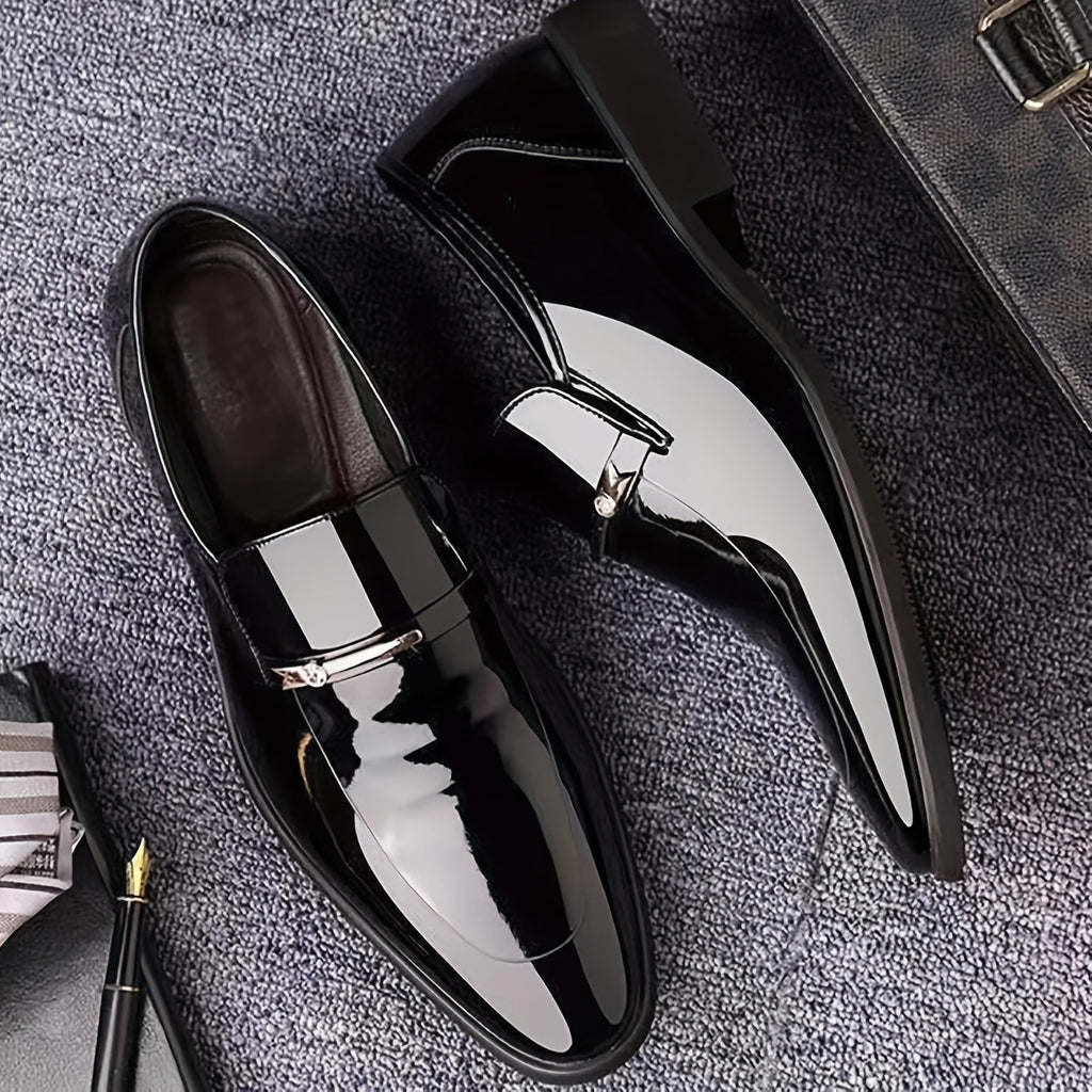 Men's Patent Leather Penny Loafers Pointed Toe Slip On Dress Shoes