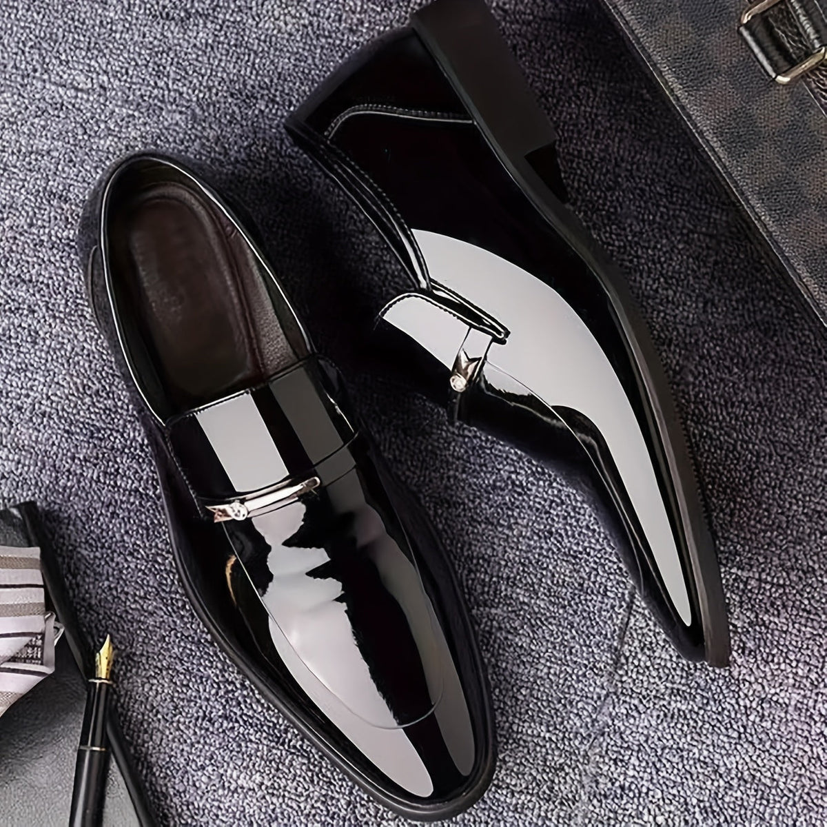 Men's Patent Leather Penny Loafers Pointed Toe Slip On Dress Shoes
