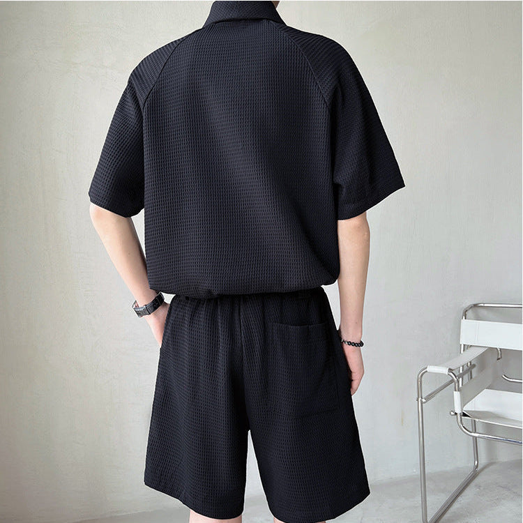 Mens Waffle Knit Short Sleeve Shirt With Matching Tailored Shorts Set
