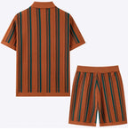 Men's Vertical Striped Knit Short Sleeve Shirt With Coordinated Shorts Set