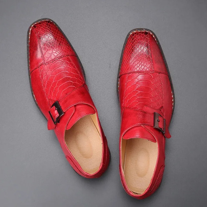 Mens Crocodile Embossed Leather Monk Strap Flats With Stitched Detail Sole