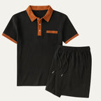 Mens Two Piece Polo Shirt And Drawstring Shorts Set With Contrast Collar
