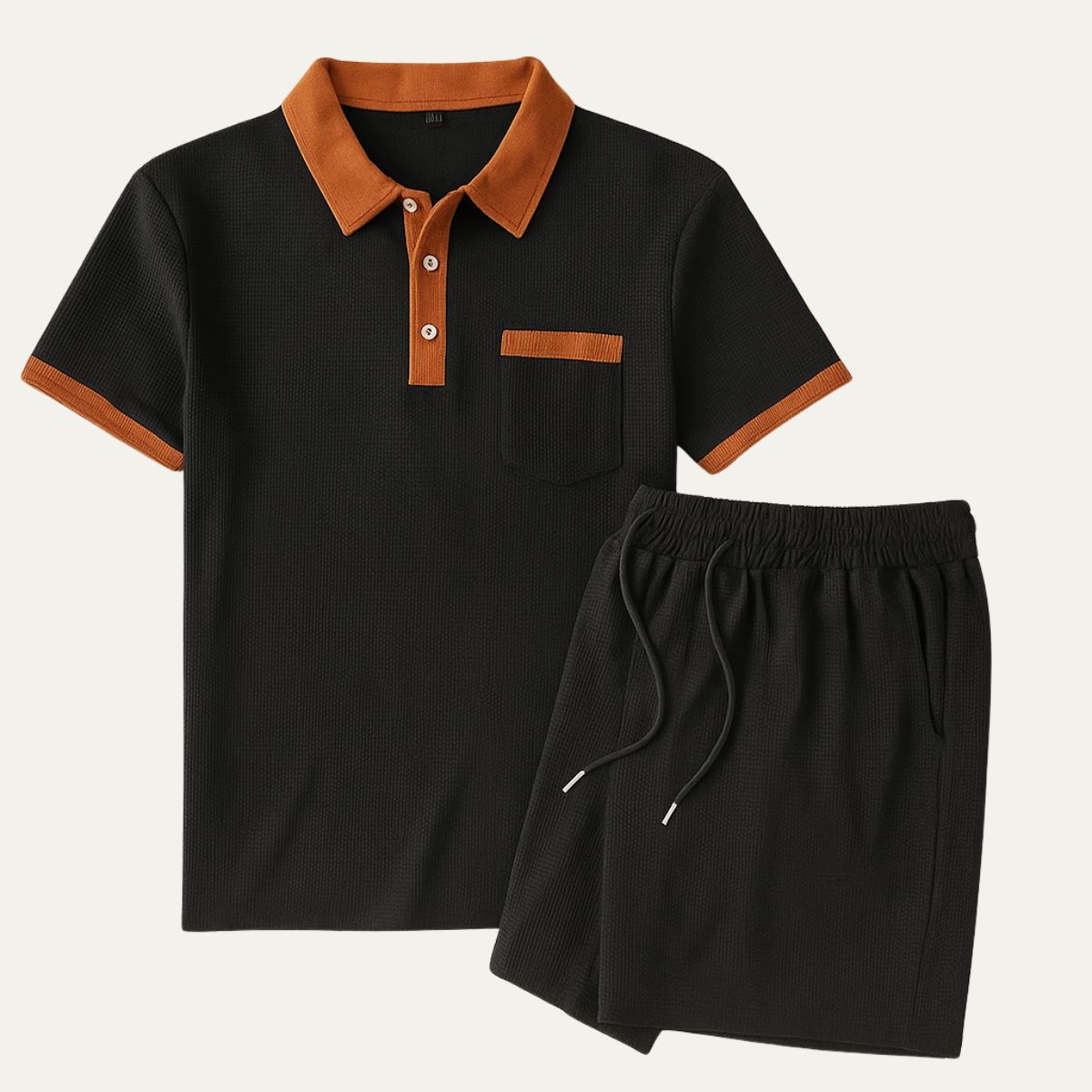 Mens Two Piece Polo Shirt And Drawstring Shorts Set With Contrast Collar