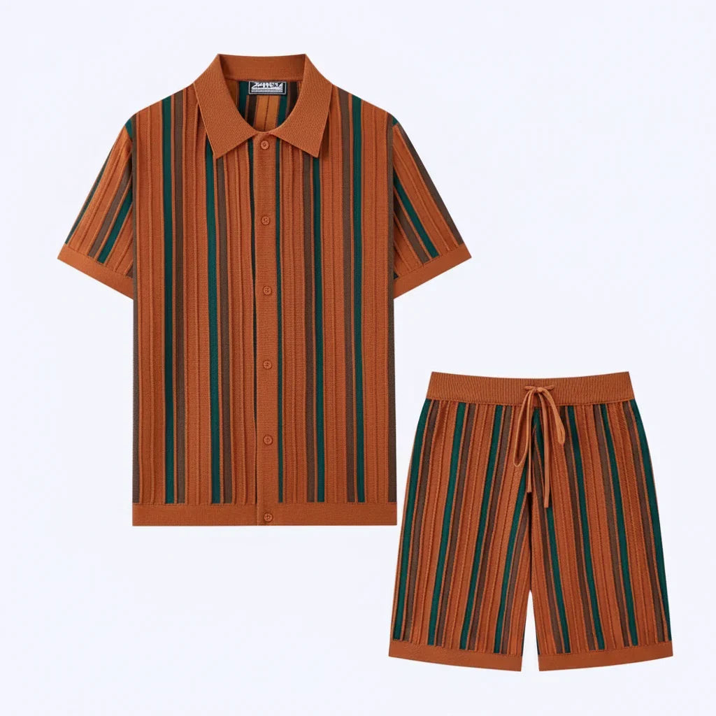 Men's Vertical Striped Knit Short Sleeve Shirt With Coordinated Shorts Set