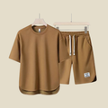 Men Casual Two Piece Set With Short Sleeve Crew Neck Tee And Drawstring Shorts