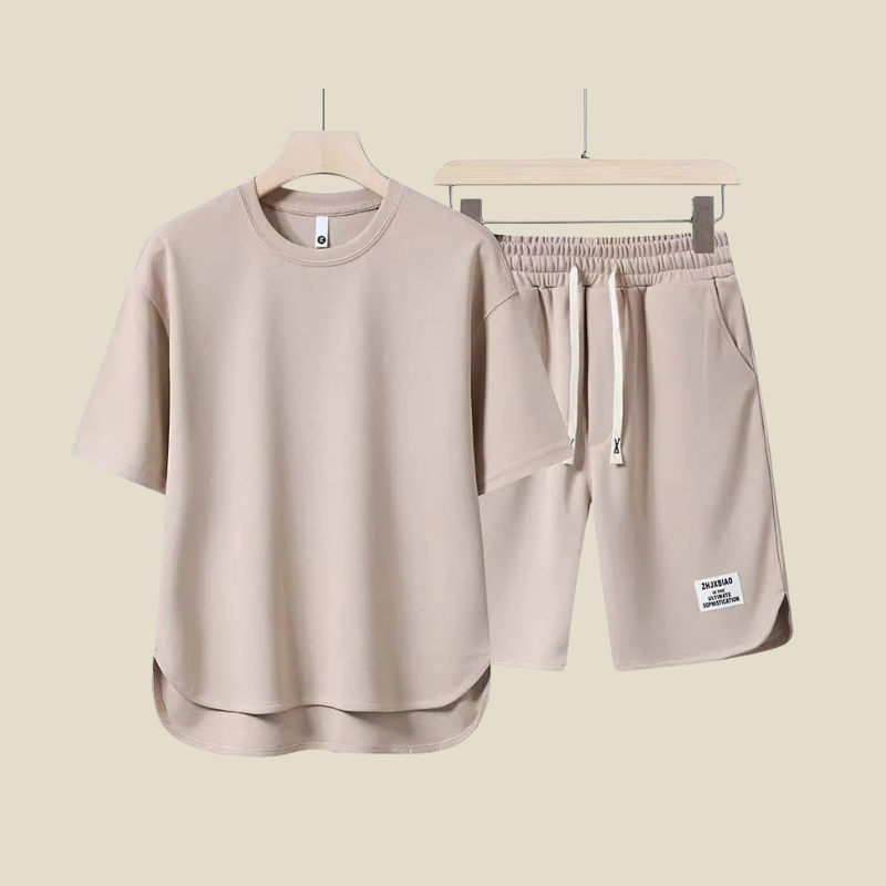 Men Casual Two Piece Set With Short Sleeve Crew Neck Tee And Drawstring Shorts