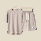 Men Casual Two Piece Set With Short Sleeve Crew Neck Tee And Drawstring Shorts