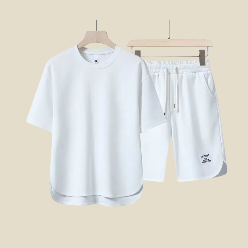 Men Casual Two Piece Set With Short Sleeve Crew Neck Tee And Drawstring Shorts