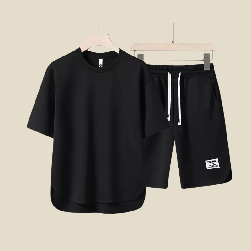 Men Casual Two Piece Set With Short Sleeve Crew Neck Tee And Drawstring Shorts