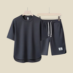 Men Casual Two Piece Set With Short Sleeve Crew Neck Tee And Drawstring Shorts