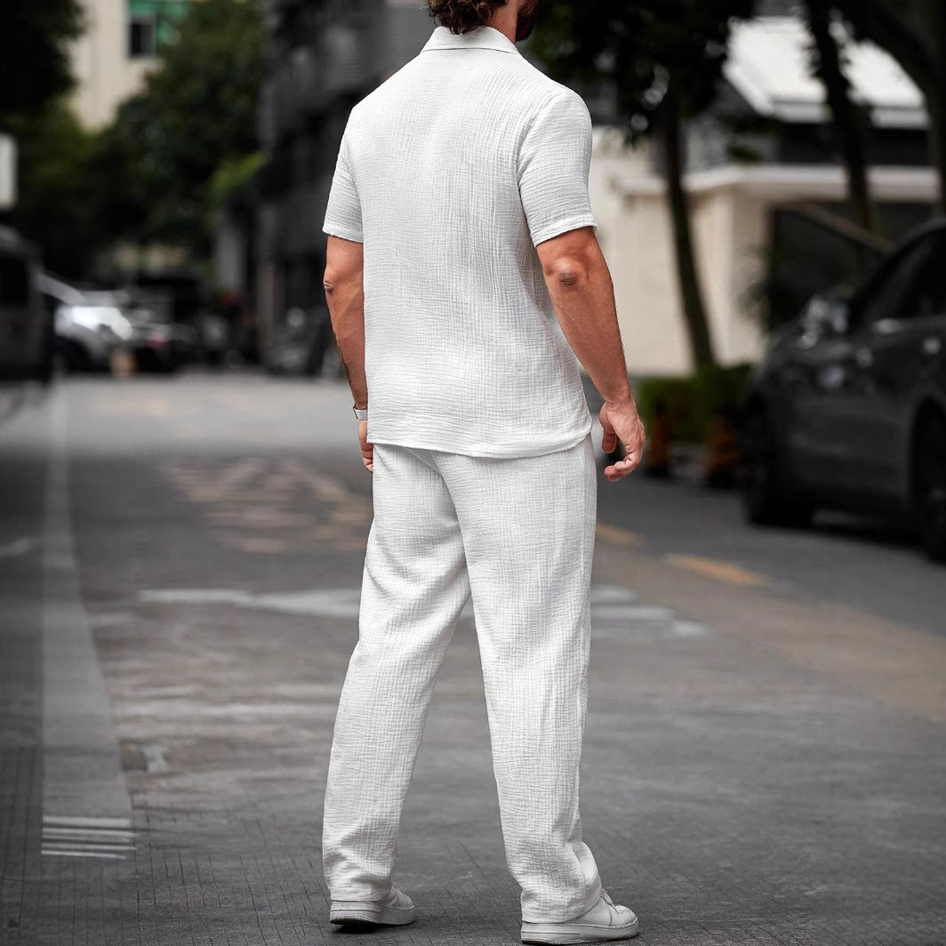 Men's Camp Collar Short Sleeve Shirt And Straight Leg Drawstring Trousers