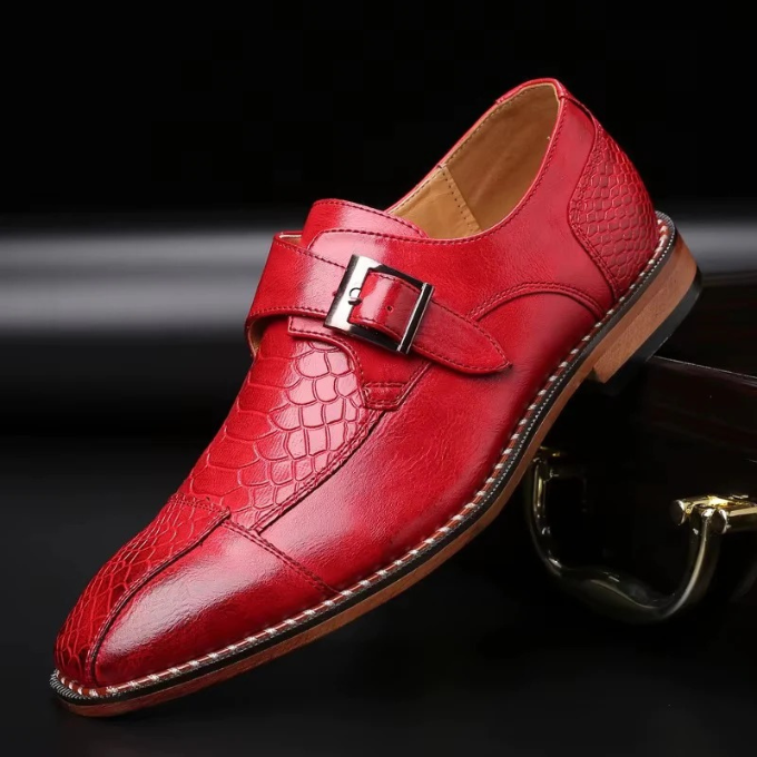 Mens Crocodile Embossed Leather Monk Strap Flats With Stitched Detail Sole