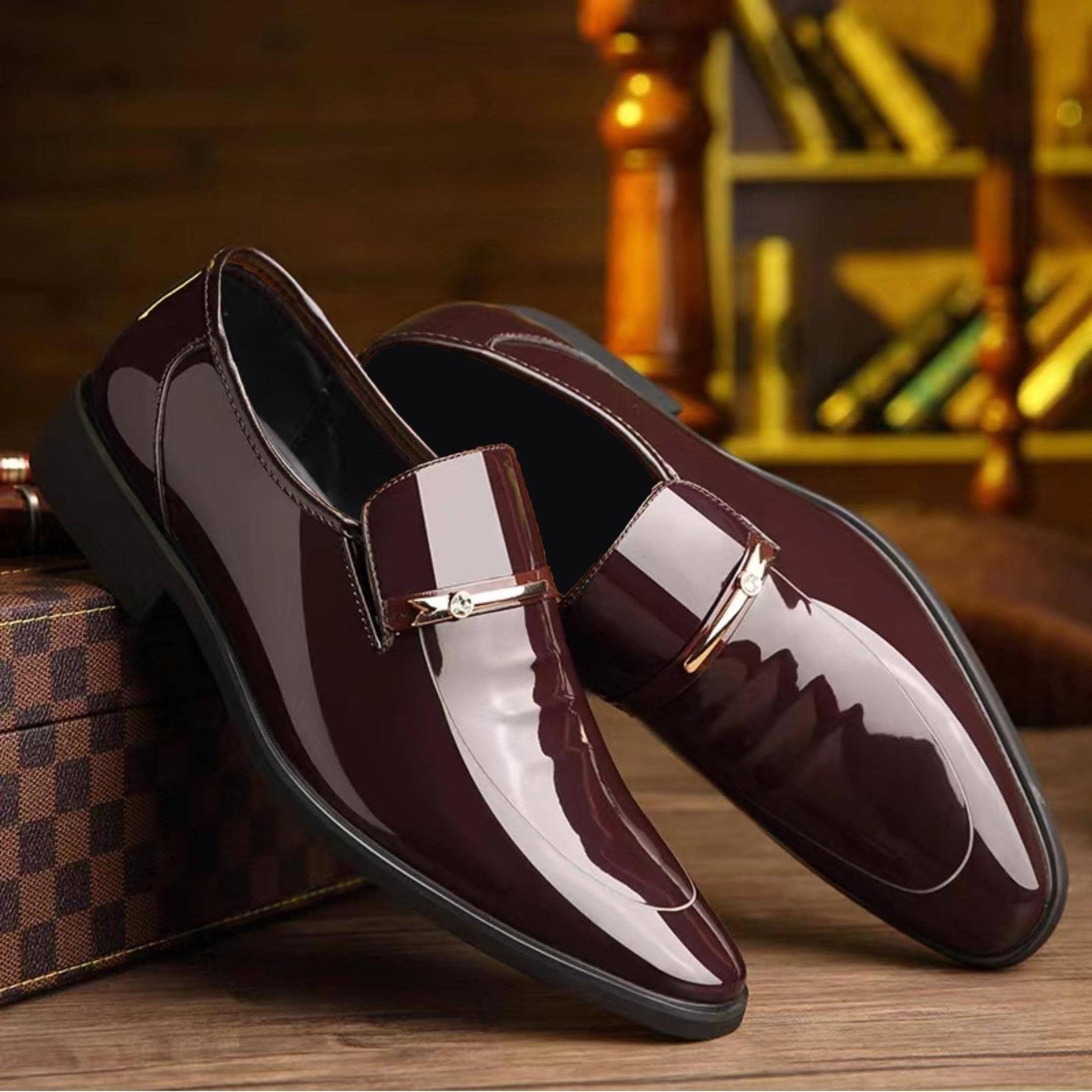 Men's Patent Leather Penny Loafers Pointed Toe Slip On Dress Shoes