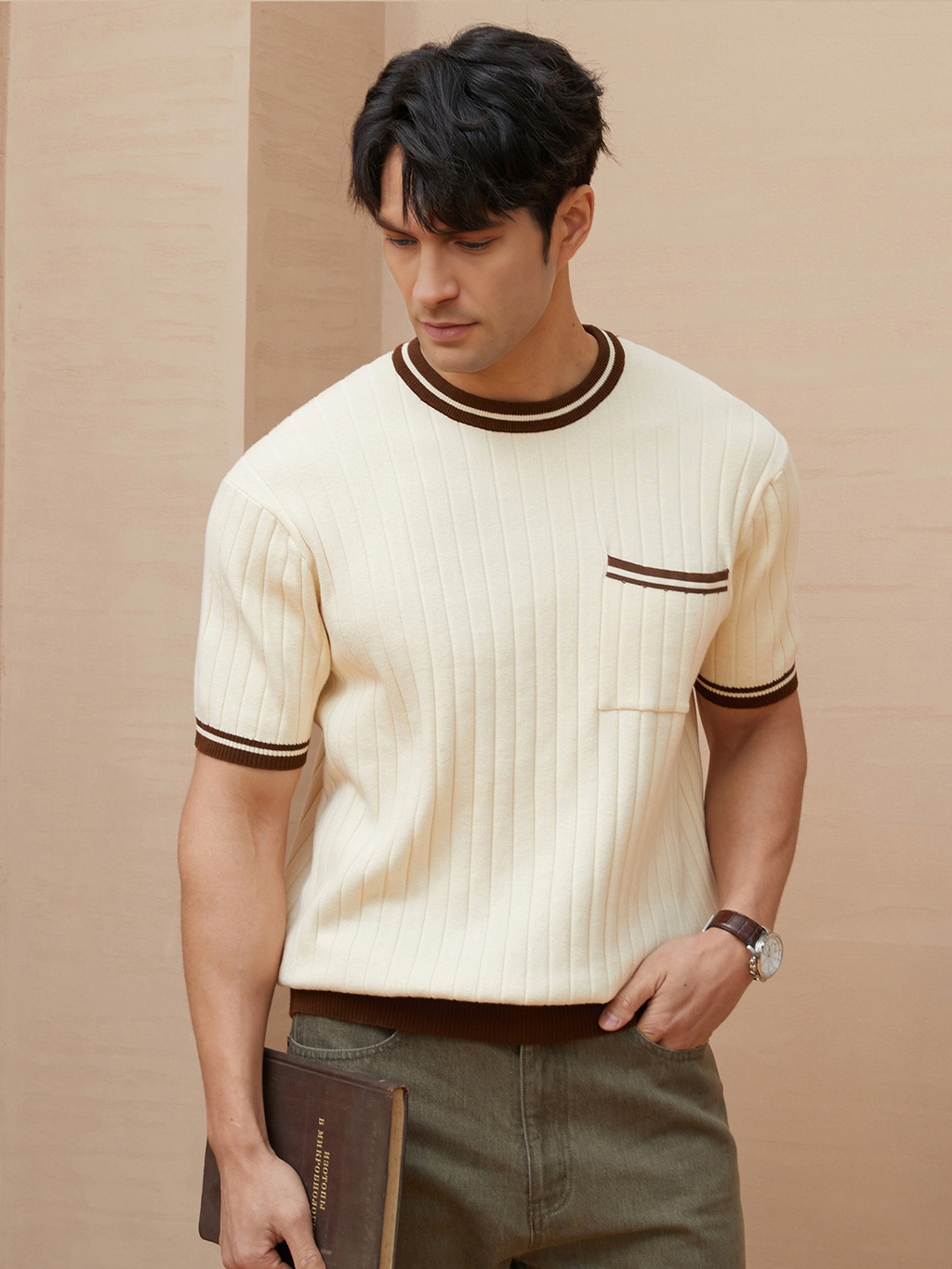 Mens Knit Crew Neck Top With Contrast Striped Trim And Chest Pocket
