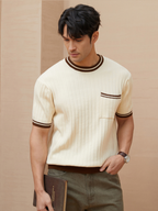 Mens Knit Crew Neck Top With Contrast Striped Trim And Chest Pocket