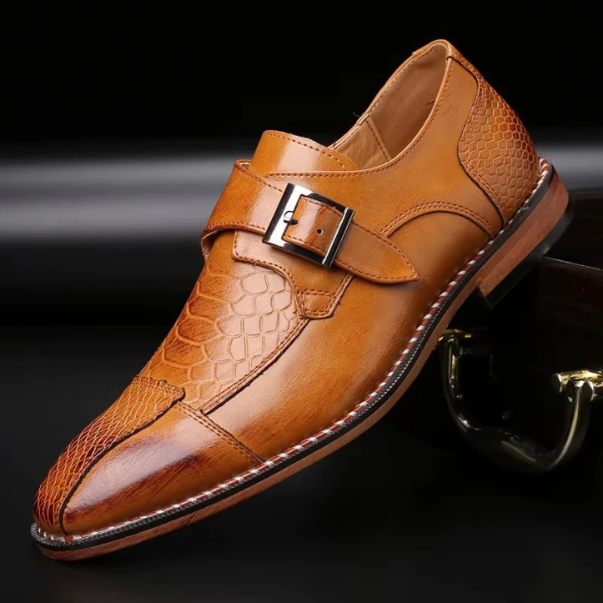 Mens Crocodile Embossed Leather Monk Strap Flats With Stitched Detail Sole