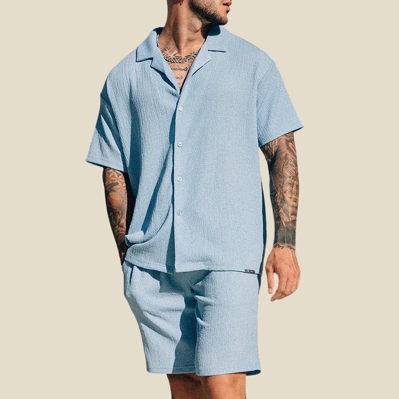 Men's Crinkle Camp Collar Shirt And Elastic Waist Shorts Two Piece Set