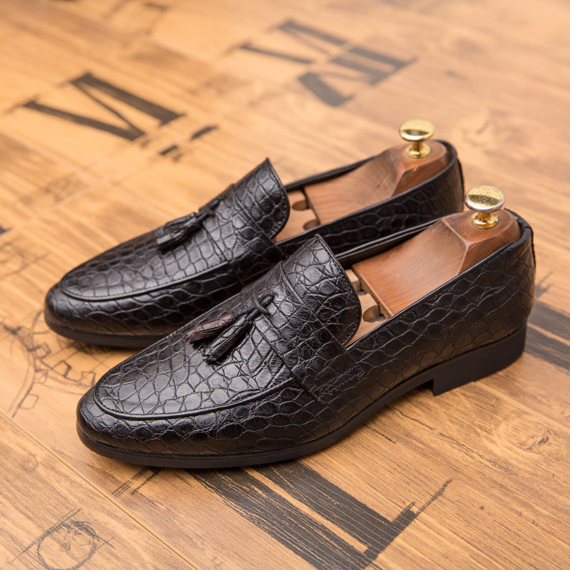 Men's Croc Embossed Woven Tassel Loafers Classic Slip On Casual Shoes Dark Brown