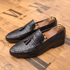Men's Croc Embossed Woven Tassel Loafers Classic Slip On Casual Shoes Dark Brown