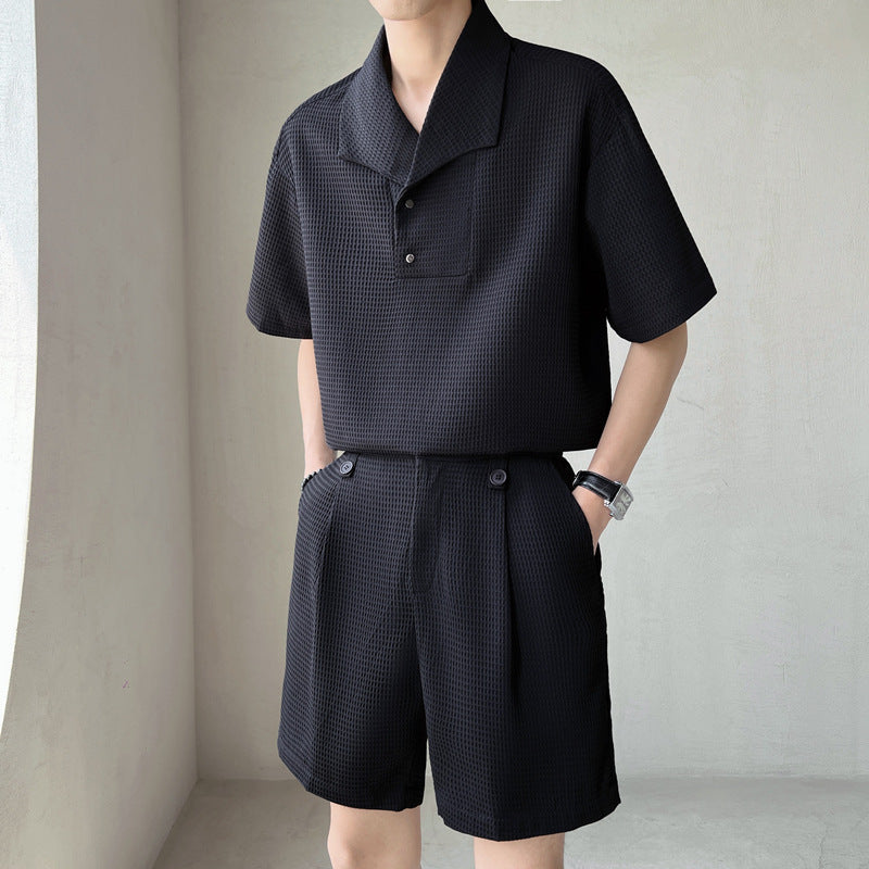 Mens Waffle Knit Short Sleeve Shirt With Matching Tailored Shorts Set