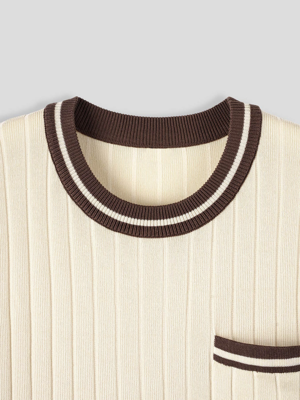 Mens Knit Crew Neck Top With Contrast Striped Trim And Chest Pocket