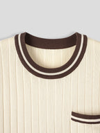 Mens Knit Crew Neck Top With Contrast Striped Trim And Chest Pocket
