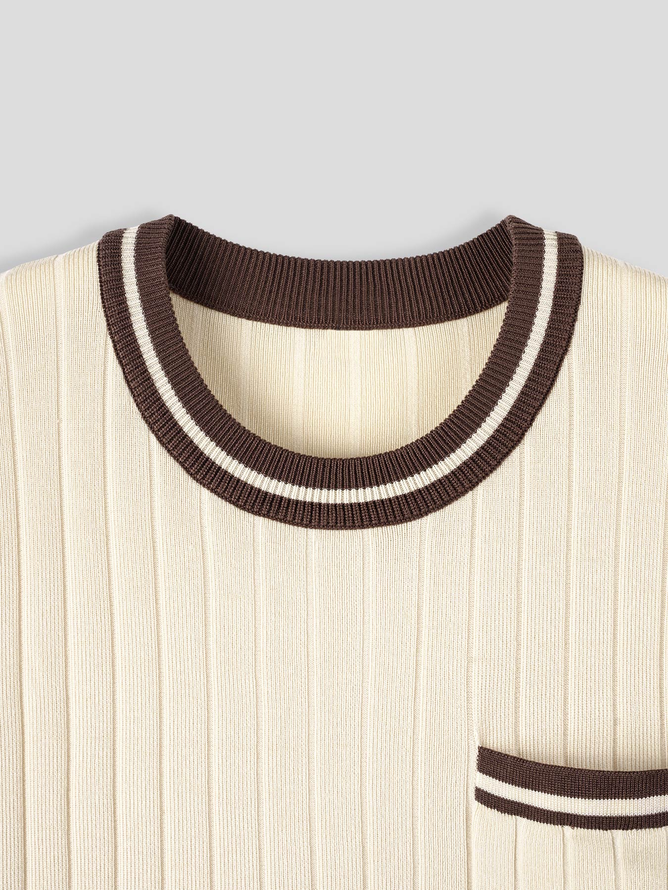 Mens Knit Crew Neck Top With Contrast Striped Trim And Chest Pocket