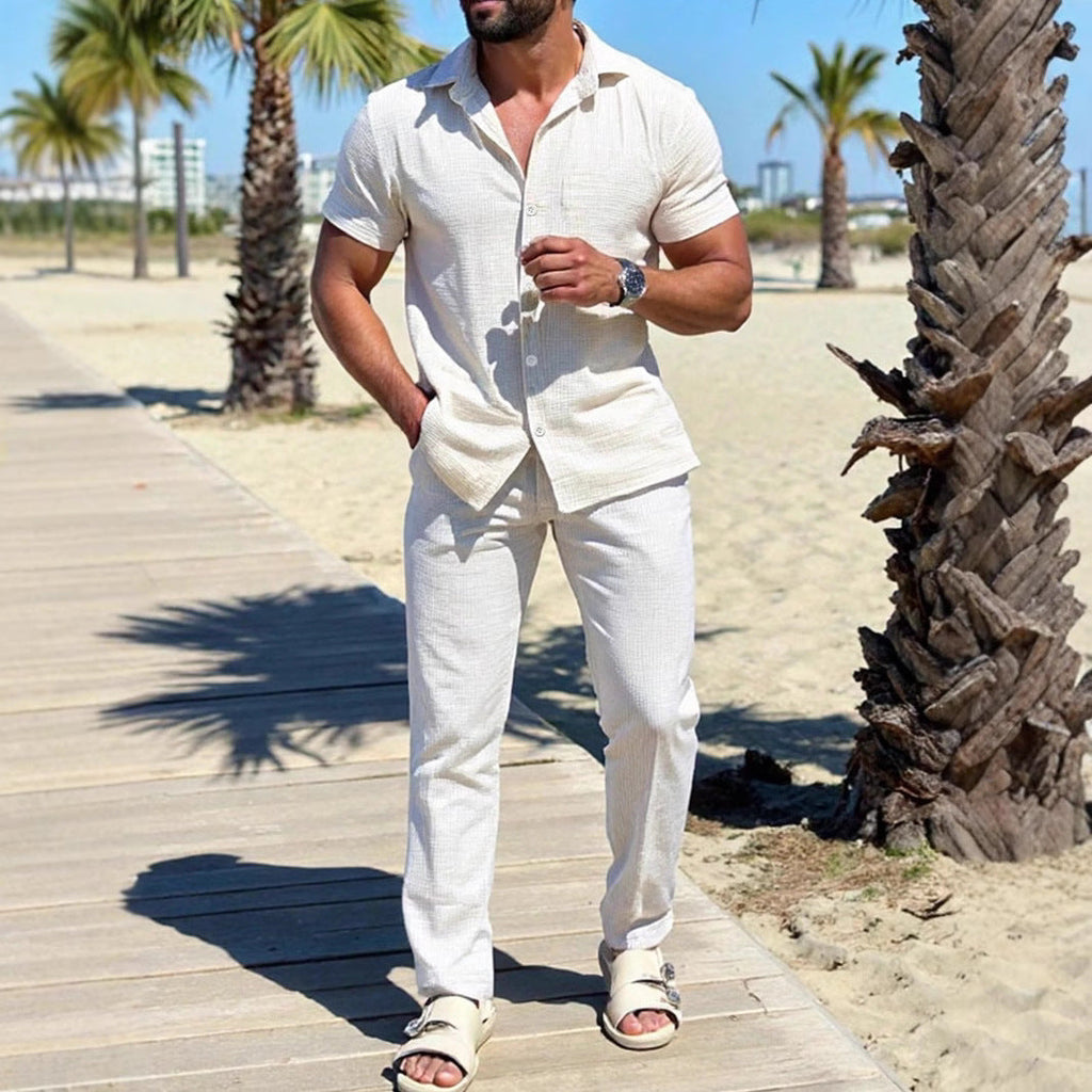 Men's Camp Collar Short Sleeve Shirt And Straight Leg Drawstring Trousers