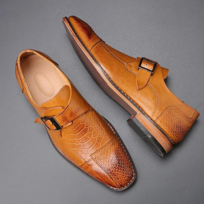 Mens Crocodile Embossed Leather Monk Strap Flats With Stitched Detail Sole