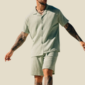 Men's Crinkle Camp Collar Shirt And Elastic Waist Shorts Two Piece Set