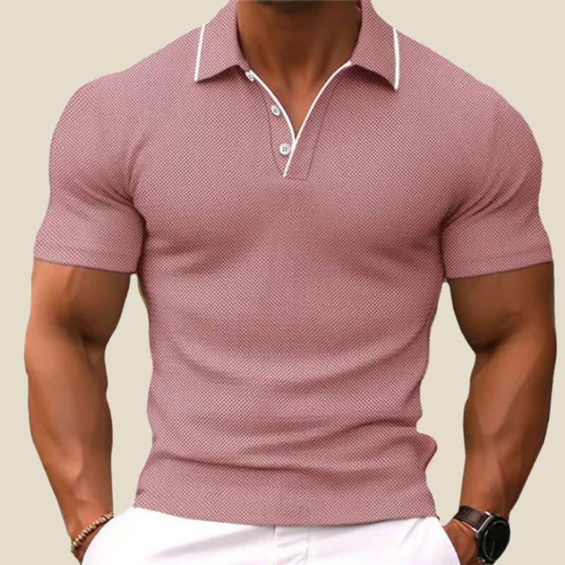 Mens Waffle Knit Polo Shirt Short Sleeve Contrast Collar Slim Cut