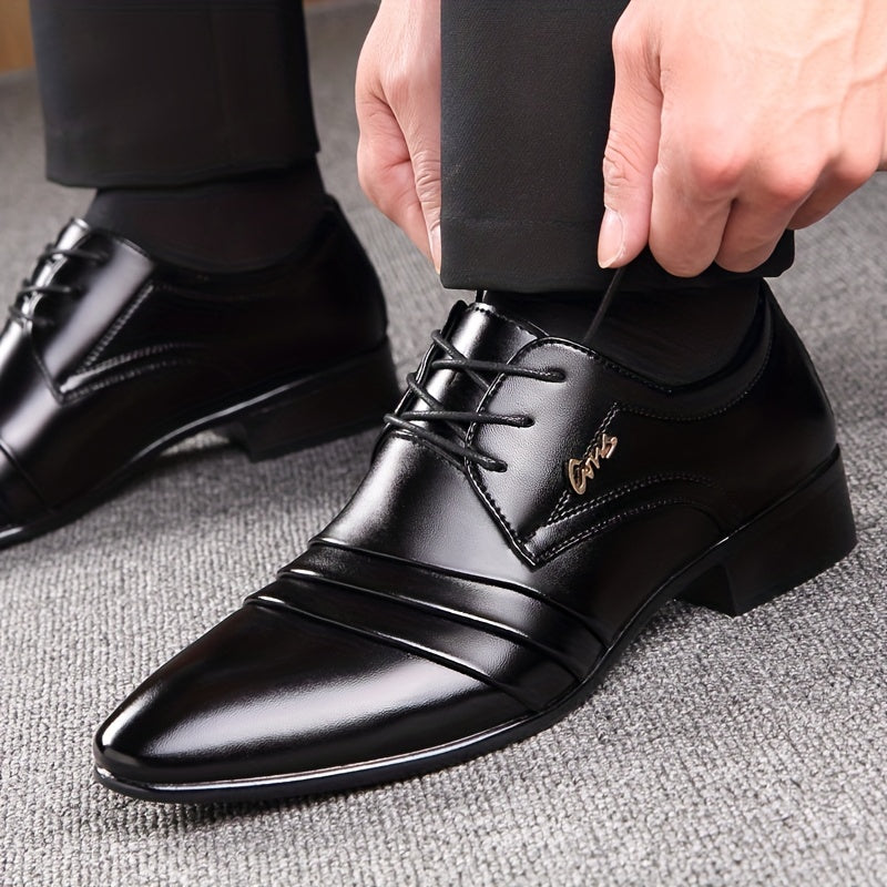 Mens Patent Leather Ribbed Derby Shoes With Pointed Toe Lace Up Black