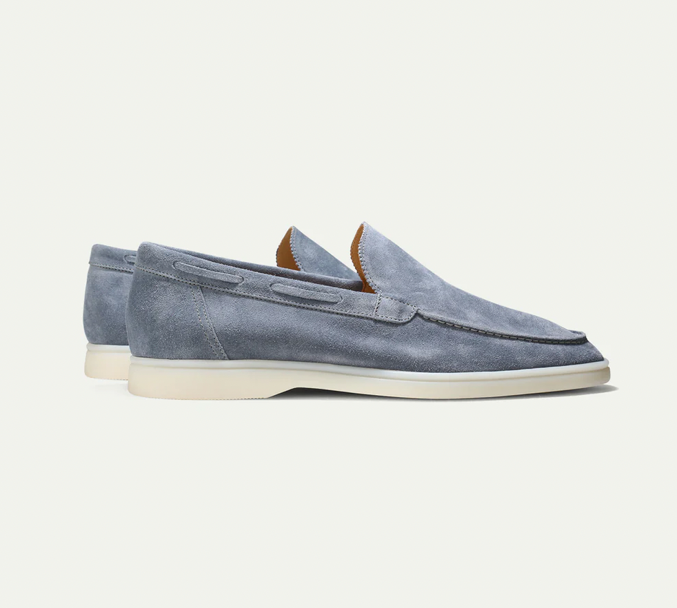 Men's Premium Suede Loafers Featuring Contrast Stitching And White Sole