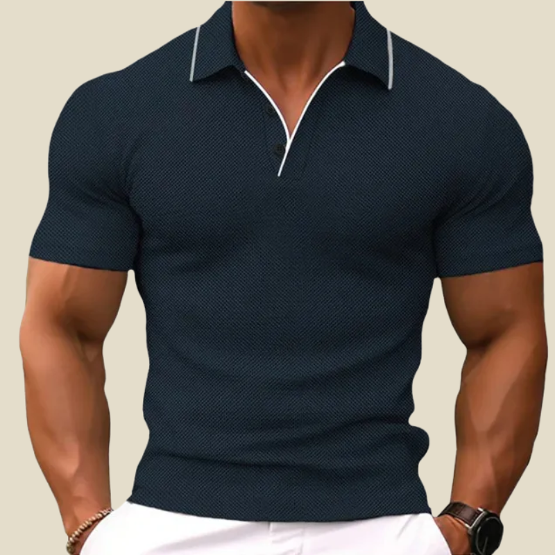 Mens Waffle Knit Polo Shirt Short Sleeve Contrast Collar Slim Cut