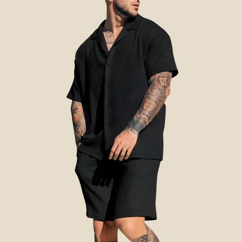 Men's Crinkle Camp Collar Shirt And Elastic Waist Shorts Two Piece Set