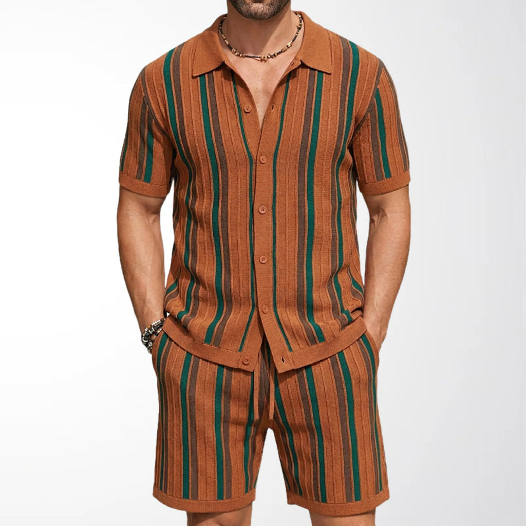 Men's Vertical Striped Knit Short Sleeve Shirt With Coordinated Shorts Set