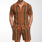 Men's Vertical Striped Knit Short Sleeve Shirt With Coordinated Shorts Set