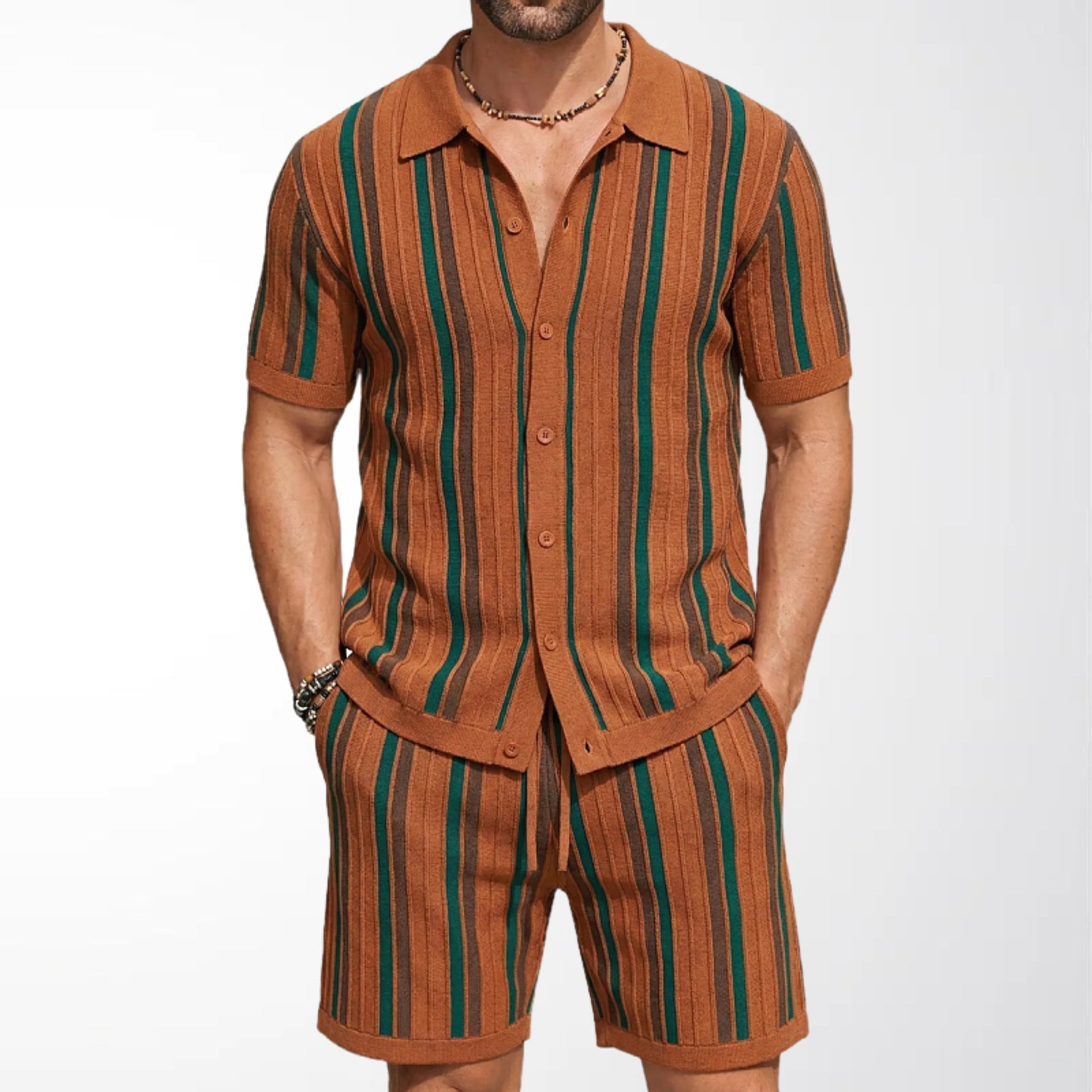 Men's Vertical Striped Knit Short Sleeve Shirt With Coordinated Shorts Set