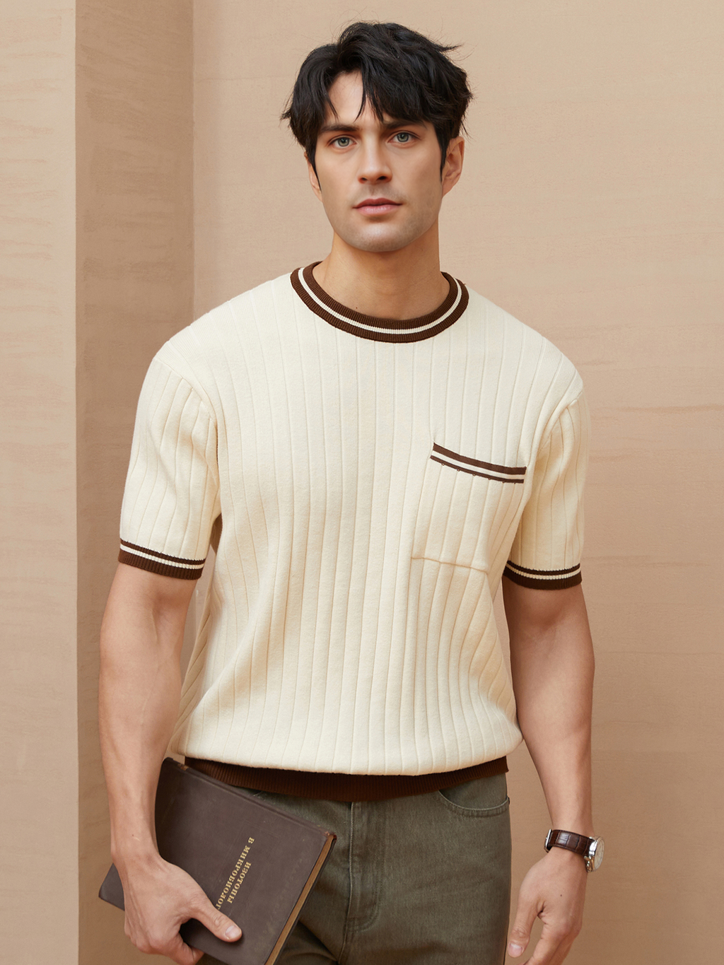Mens Knit Crew Neck Top With Contrast Striped Trim And Chest Pocket