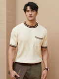 Mens Knit Crew Neck Top With Contrast Striped Trim And Chest Pocket