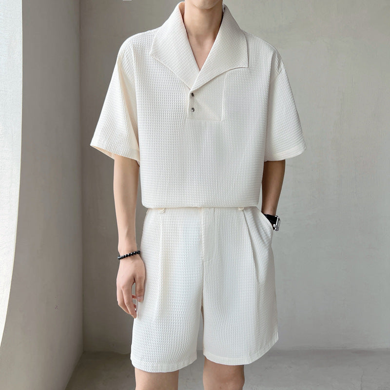 Mens Waffle Knit Short Sleeve Shirt With Matching Tailored Shorts Set