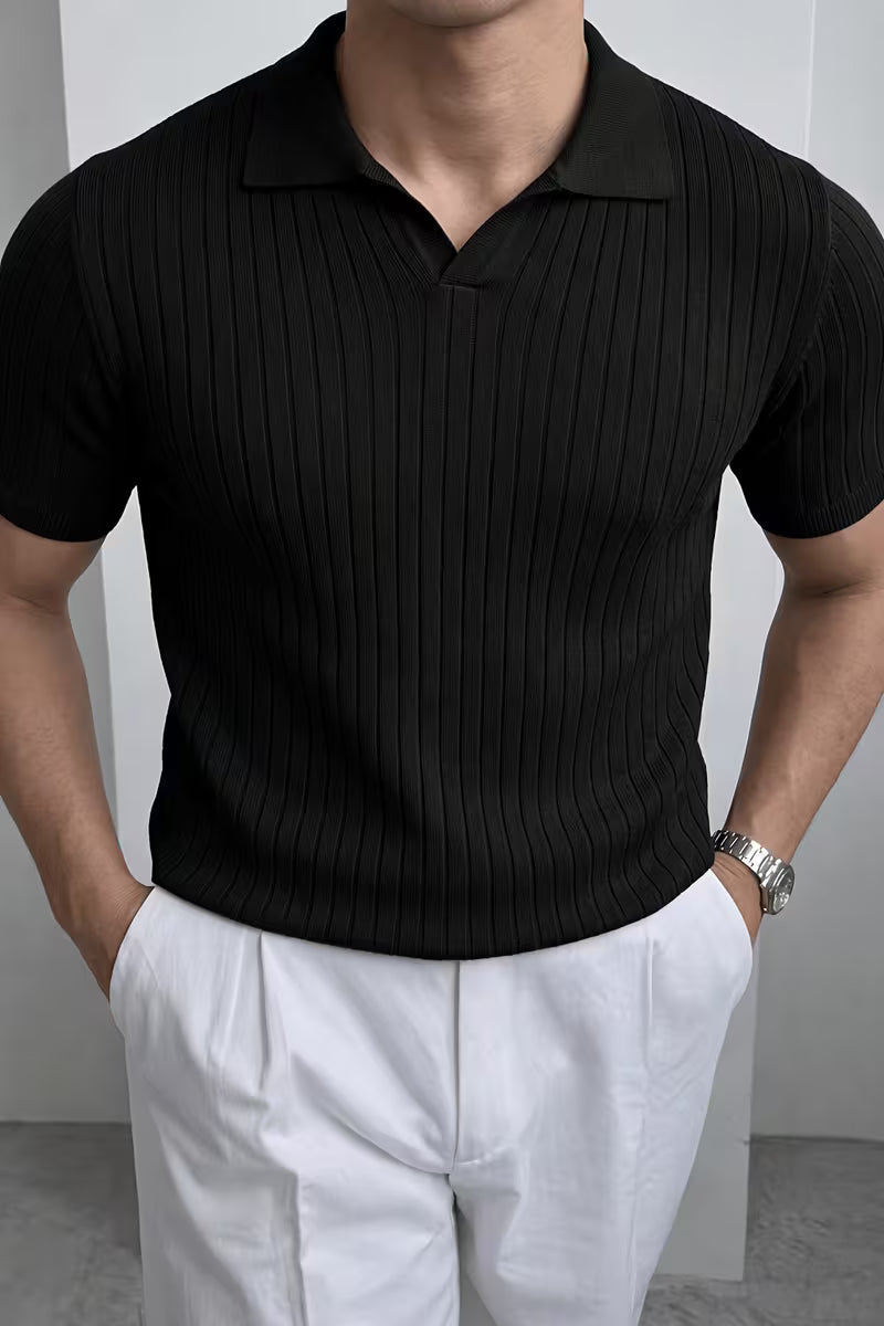 Premium Men's Short Sleeve Knitted Oxford Polo Shirt Navy Blue