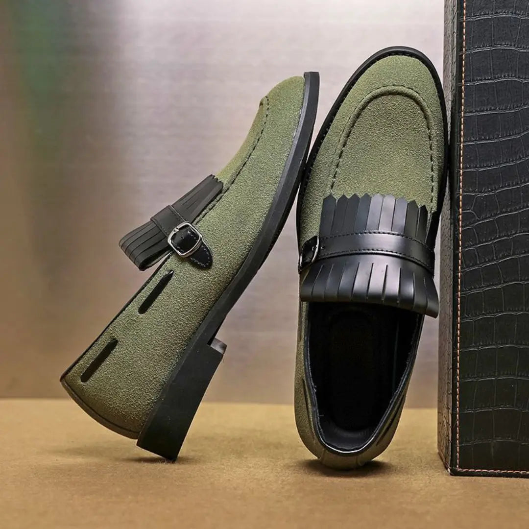 Mens Tassel Suede Slip On Loafers With Monk Strap And Buckle Closure