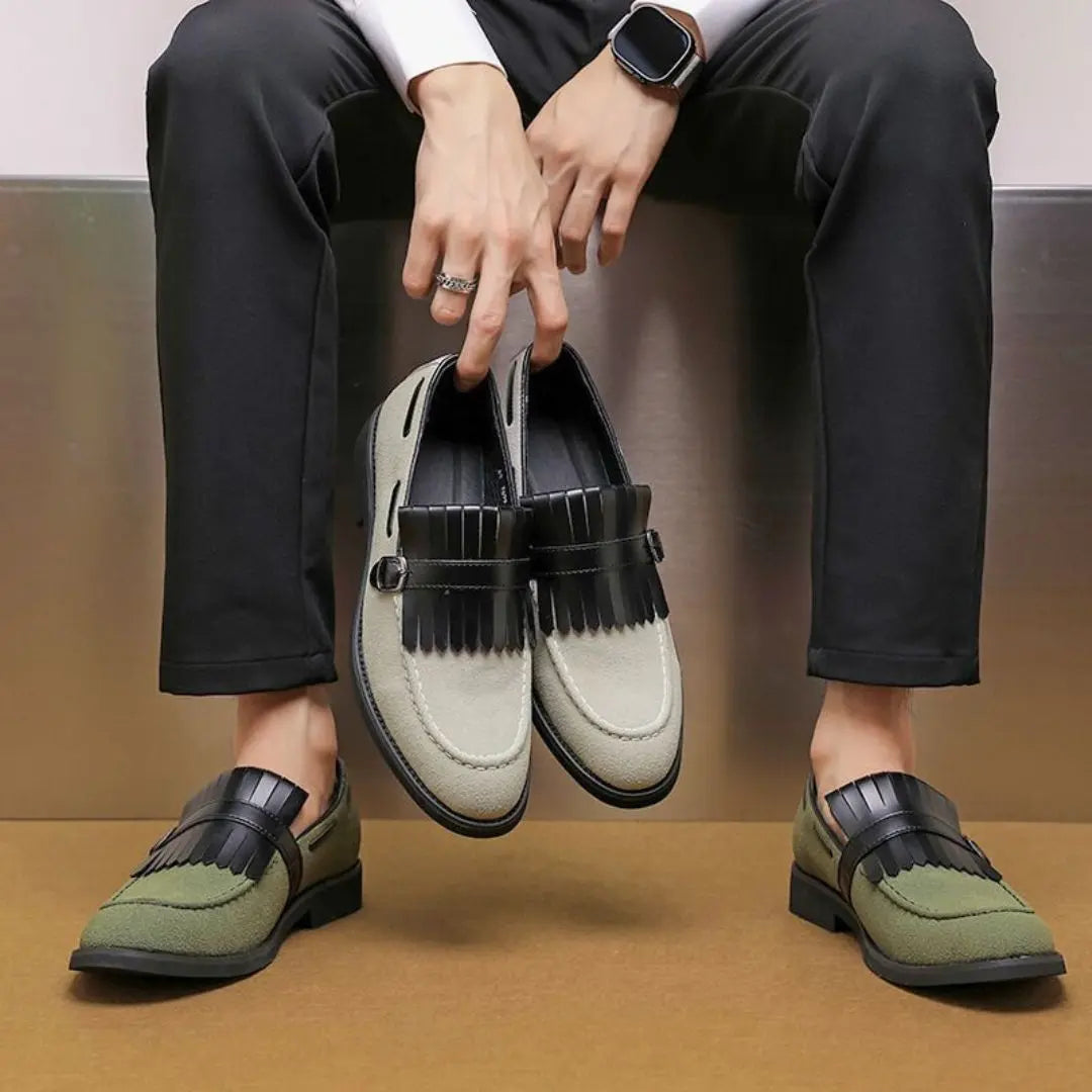 Mens Tassel Suede Slip On Loafers With Monk Strap And Buckle Closure