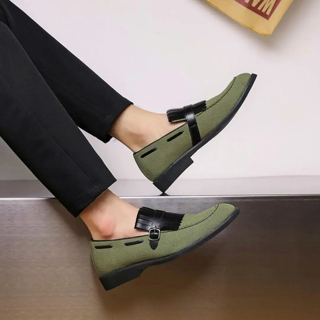 Mens Tassel Suede Slip On Loafers With Monk Strap And Buckle Closure