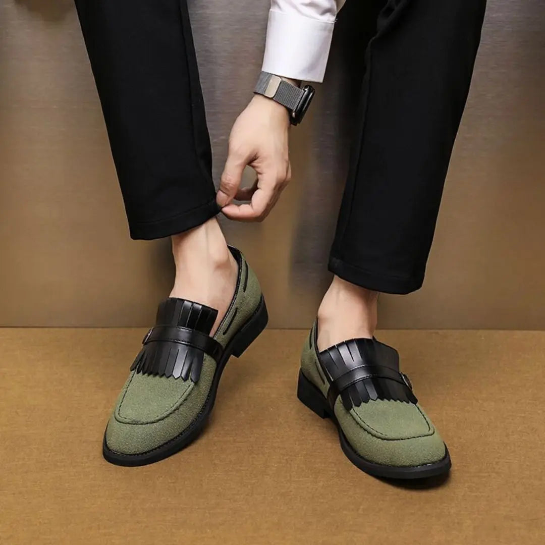 Mens Tassel Suede Slip On Loafers With Monk Strap And Buckle Closure