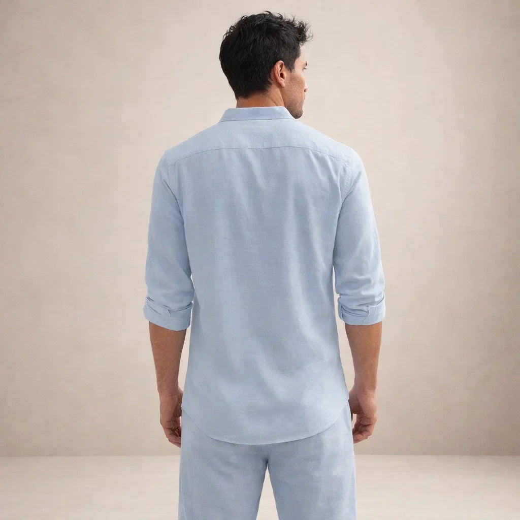 Alpine Men's Linen Casual Two Piece Set With Button Front Shirt And Trousers In Sand