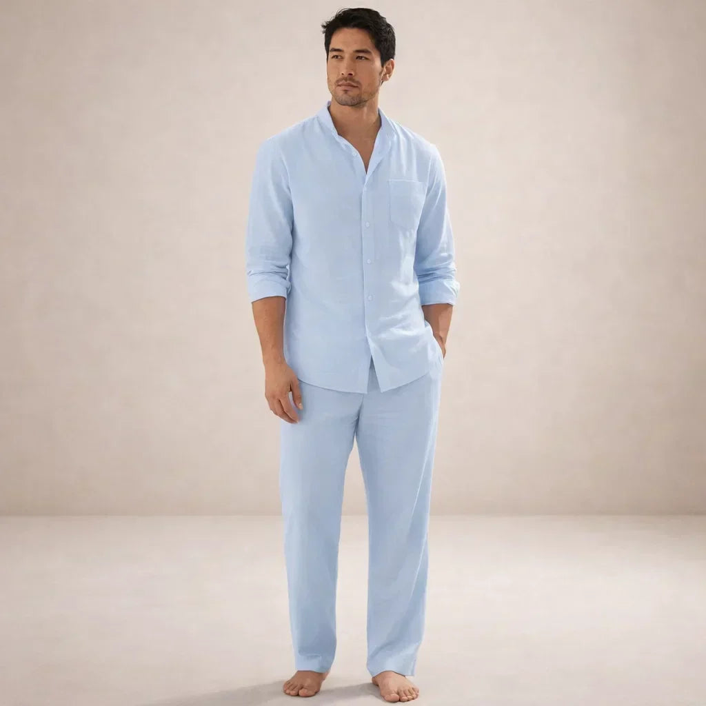 Alpine Men's Linen Casual Two Piece Set With Button Front Shirt And Trousers In Sand