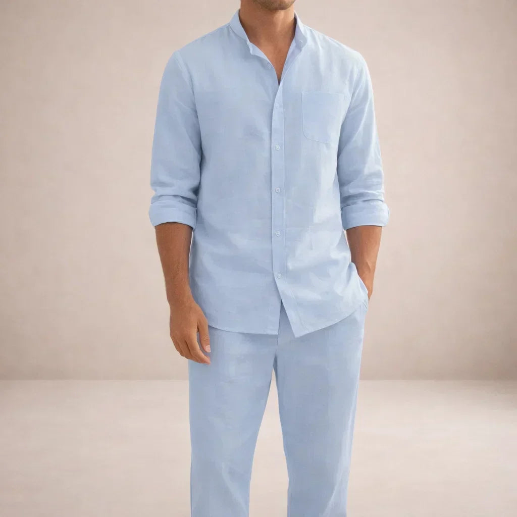 Alpine Men's Linen Casual Two Piece Set With Button Front Shirt And Trousers In Sand