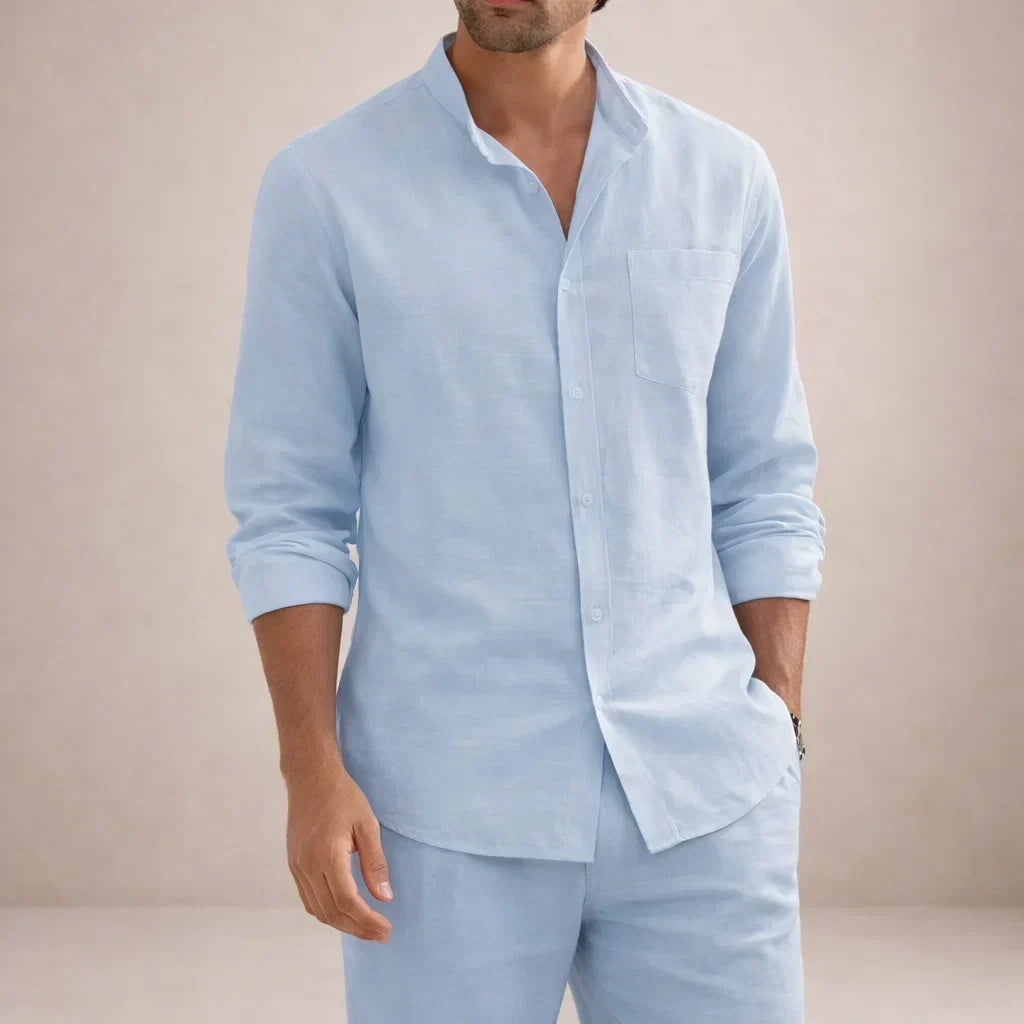 Alpine Men's Linen Casual Two Piece Set With Button Front Shirt And Trousers In Sand